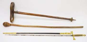 Early wood and metal shooting stick with wooden seat incised with stag, possibly early version by