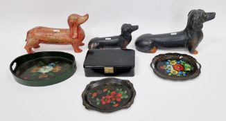 Three carved and painted wooden models of dachshunds, assorted models of carved and painted wood and