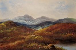 Late 19th century Scottish School Oil on board Figures in Highland landscape, 47 cm x32 cm