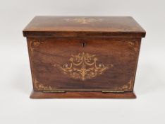 Edwardian marquetry inlaid fall-front stationery casket, the front with leather lined fold-out