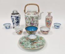 Canton famille rose cylindrical tea kettle and cover, an oviform vase, a pair of Kangxi blue and