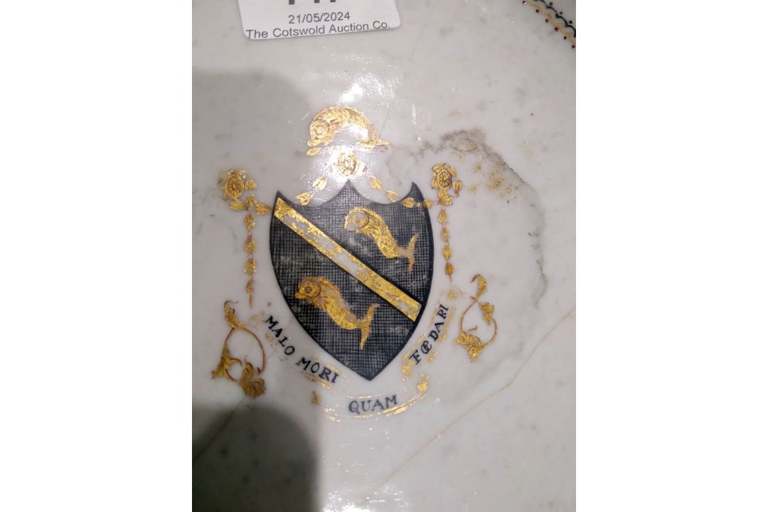 Set of 18th century Chinese export armorial dinner plates, each decorated with a black hatched - Image 3 of 20
