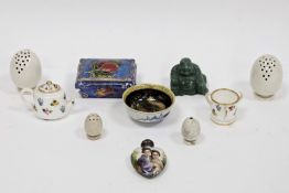 Mintons bone china miniature tyg painted with flowers, a similar teapot and cover, an Art Deco