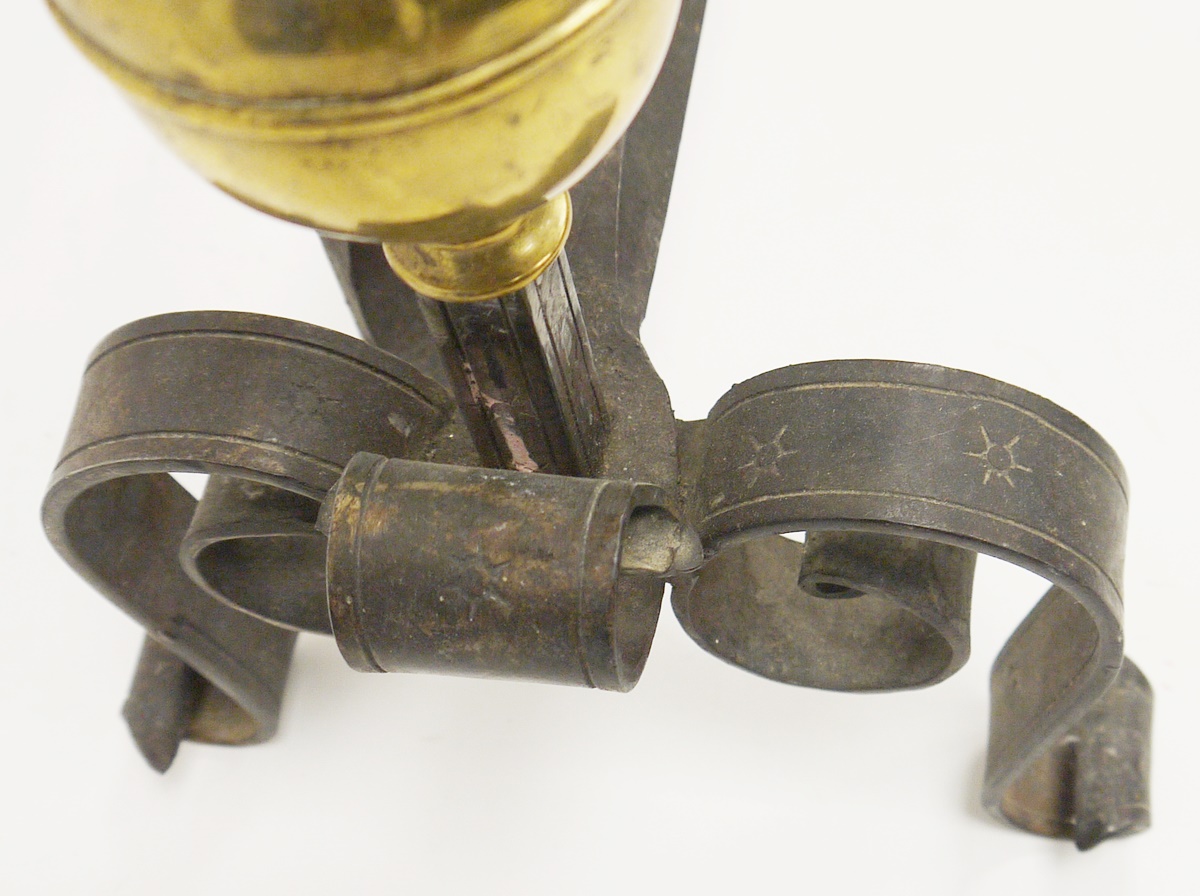Pair of 19th century wrought iron and brass-mounted fire dogs, each with double brass knop - Image 2 of 2