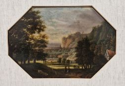 19th century English school  Oil on panel Figures in riverside landscape, 18.5cm x 27.5cm (