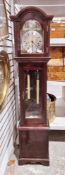 Mahogany-cased reproduction granddaughter clock with Tempus Fugit in the arch, two cylindrical
