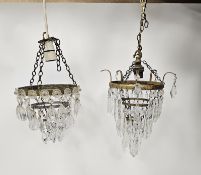 Quantity of glass and brass light fittings having tiers of cut droppers