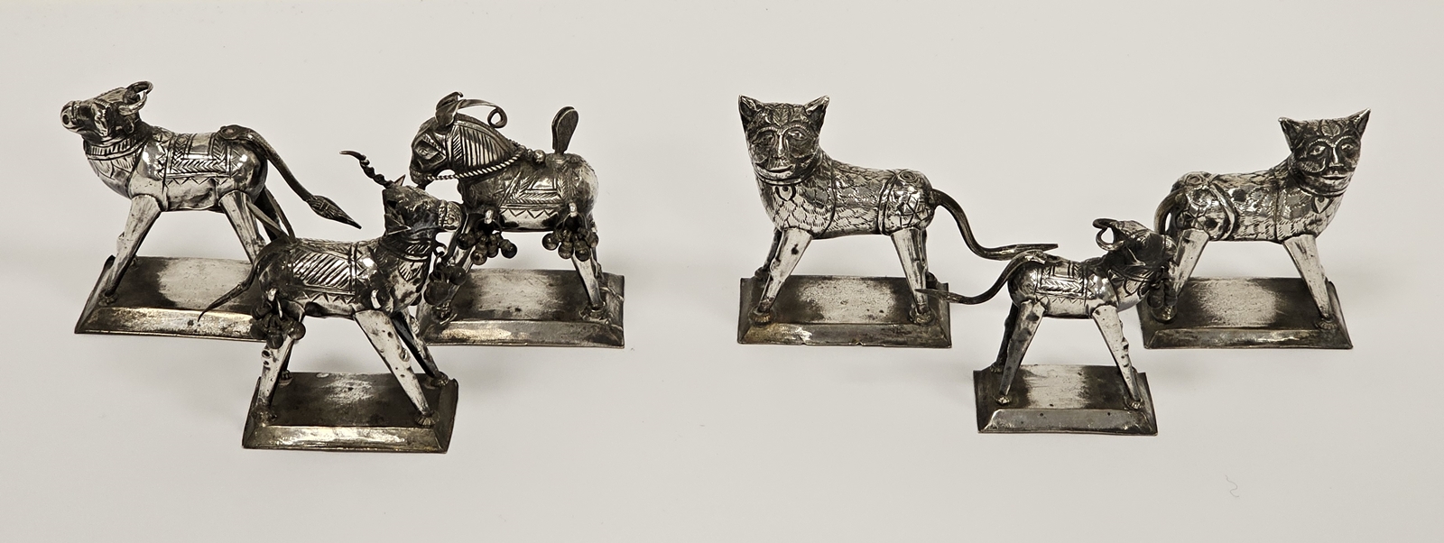 Six white metal models of animals including stylised donkeys, buffalo and cats, tallest 6cm high (6) - Image 2 of 2
