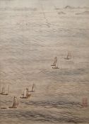 Three 20th century Chinese silk landscape paintings, one with sailing ships, another with ships in