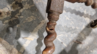 Late 19th/early 20th century oak corner chair with carved spiral supports and X-frame stretcher, - Image 38 of 44