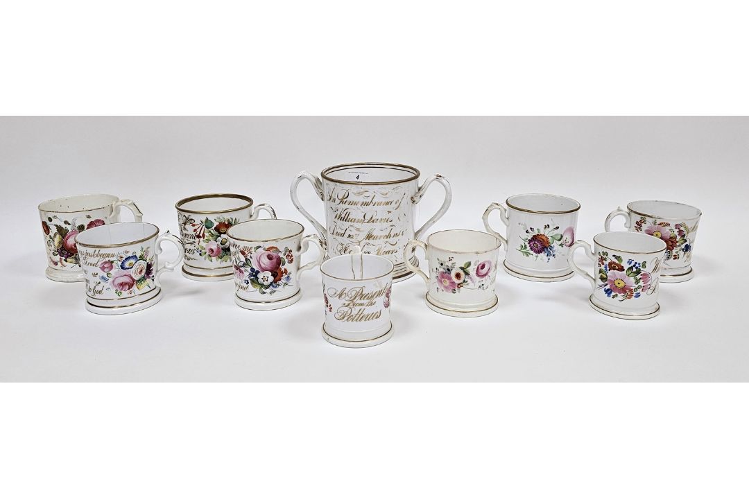 Collection of Staffordshire porcelain named mugs, some named and dated others inscribed with verses, - Image 1 of 2