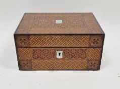 19th century Tunbridgeware box having allover parquetry inlay and two mother-of-pearl shield-