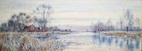 Robert Winchester Fraser (1848-1906) Watercolour River landscape with figures in a boat, dwellings