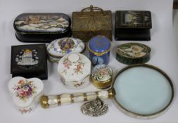 Brass and mother-of-pearl mounted magnifying glass, late 19th century, a gilt metal filigree work