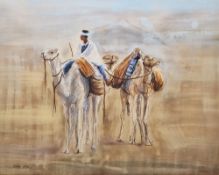 Elder (20th century) Watercolour and pastel Middle Eastern scene with two camels and rider, signed