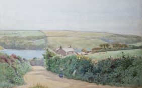 William Edwards Croxford (1852-1926) Watercolour Rural scene with figure on path, lake and