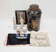 19th century black painted tall cylindrical tea canister and cover decorated in gilding, 42cm