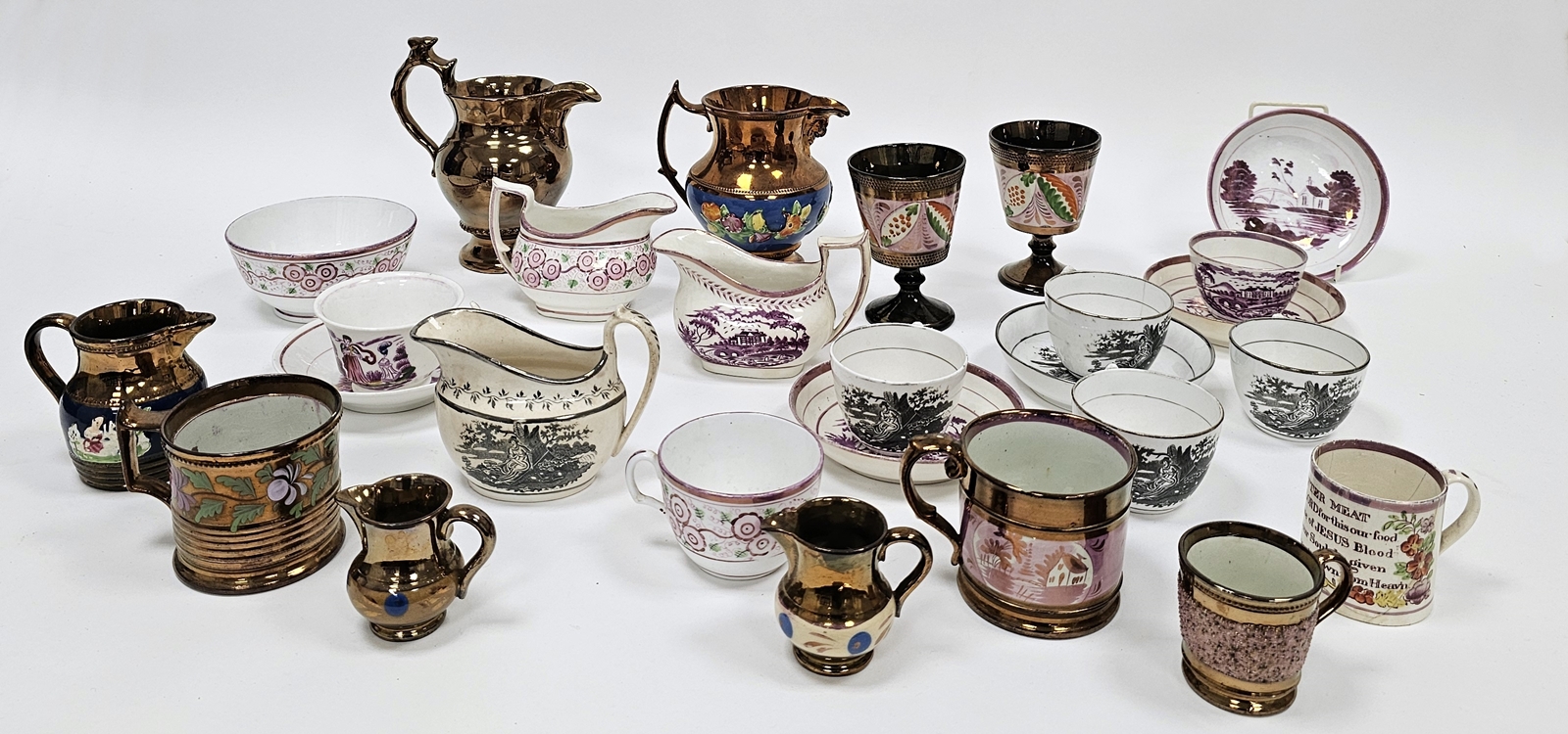 Group of early 19th century and later lustred pottery including a group of pink lustre tea wares,
