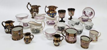Group of early 19th century and later lustred pottery including a group of pink lustre tea wares,