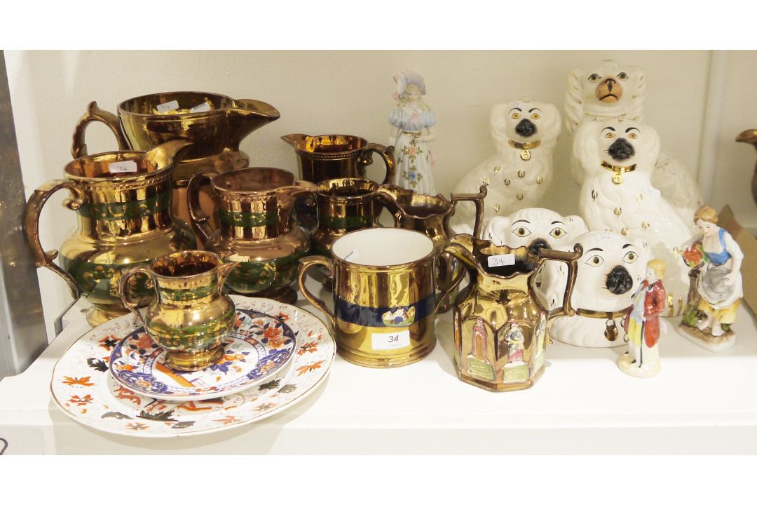 Collection of Staffordshire pottery including a group of copper lustre jugs, a two-handled loving - Image 4 of 6