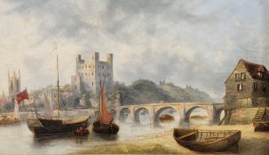 19th century school Oil on board View of Rochester Castle, sailing vessels on river in foreground,