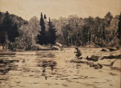 Norman Wilkinson (British, 1878-1971) Drypoint etching Fly fisher netting a trout, signed in
