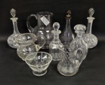 Group of 19th century cut glass decanters including two shaft and globe examples with etched