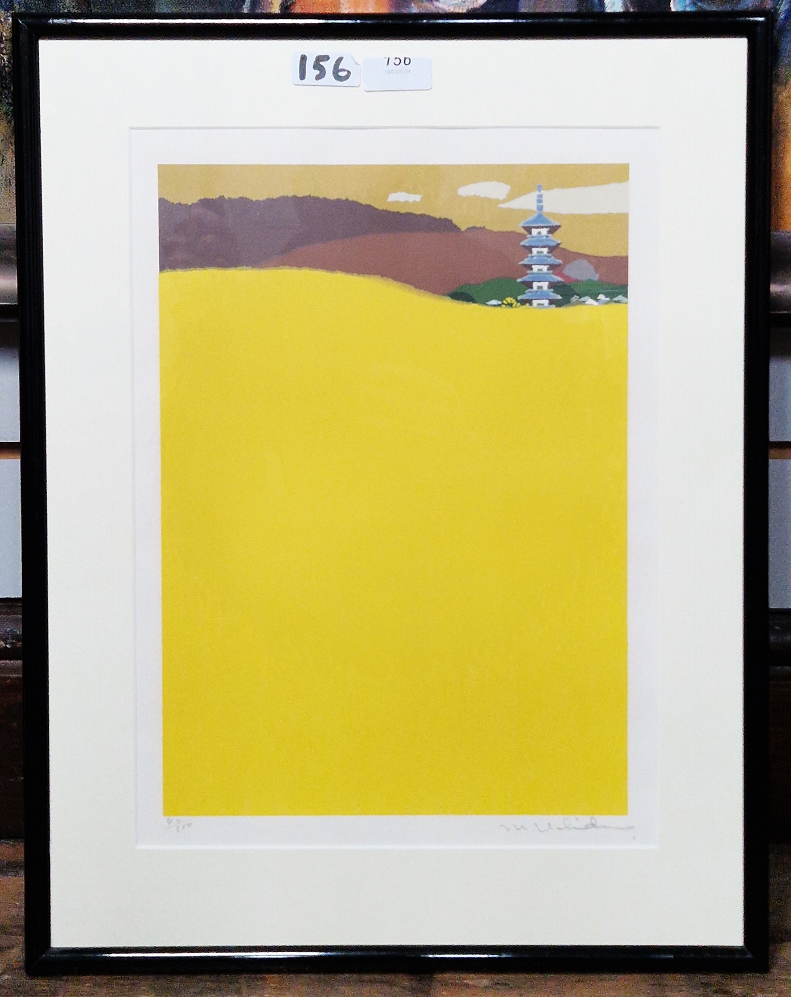 M Uelid... Colour print  Pagoda like building and a field of corn, signed in pencil lower right, - Image 2 of 3