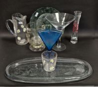 Handblown trifle bowl centrepiece, a large Martini glass, a pressed glass seafood platter in green