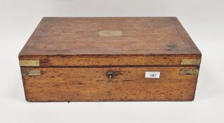 Old oak and brass-bound casket with three foil-lined compartments and having vacant brass escutcheon