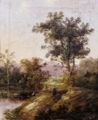 Charles Greville Morris (1861-1922) Oil on canvas River landscape with fisherman and woman on