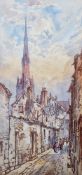 Thomas W. Walshaw (1860-1906) Watercolour Street scene with figures and church, initialled lower