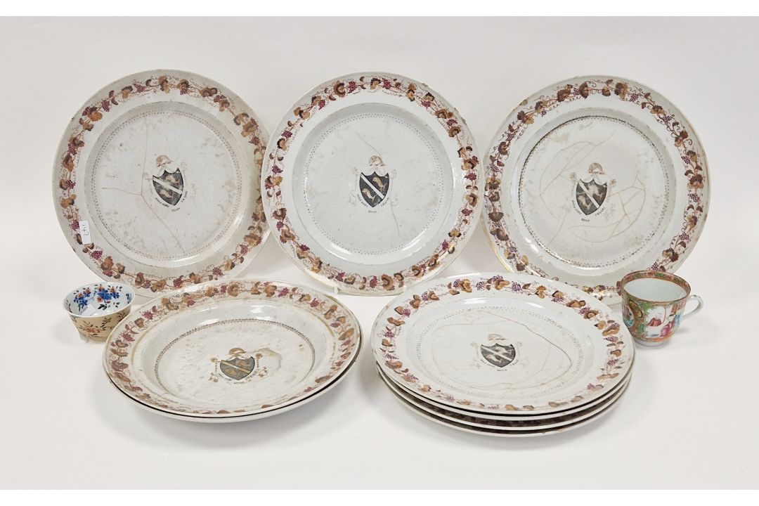 Set of 18th century Chinese export armorial dinner plates, each decorated with a black hatched - Image 1 of 20