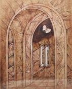 Peter Nuttal (b.1943) Ink and wash heightened with white Interior of a church with butterfly, signed