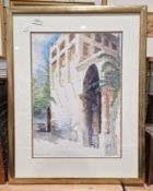 Wahab Al Kooheji Print on paper Street scene with traditional Arabian architecture, signed lower