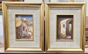 A pair of Greek Street Scenes Oil on Canvas, framed: 15 x 10 cms Unidentified signature lower left