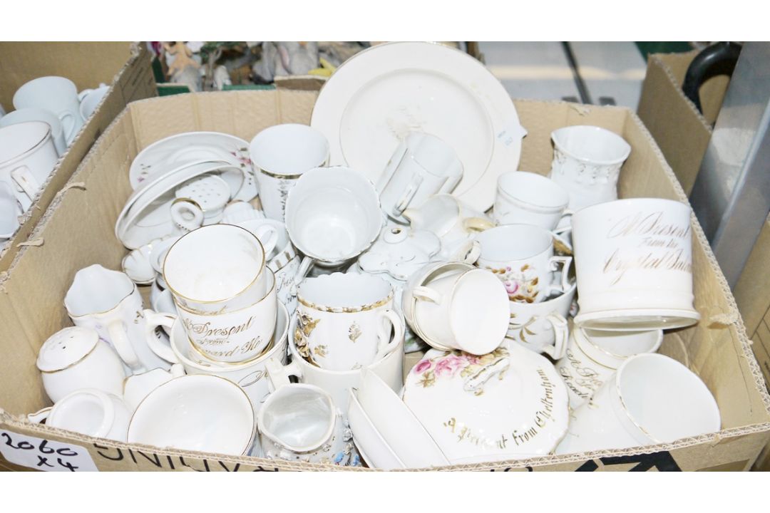Assorted ceramics and glass to include various white china cups and mugs with gilt inscriptions 'A - Image 2 of 4
