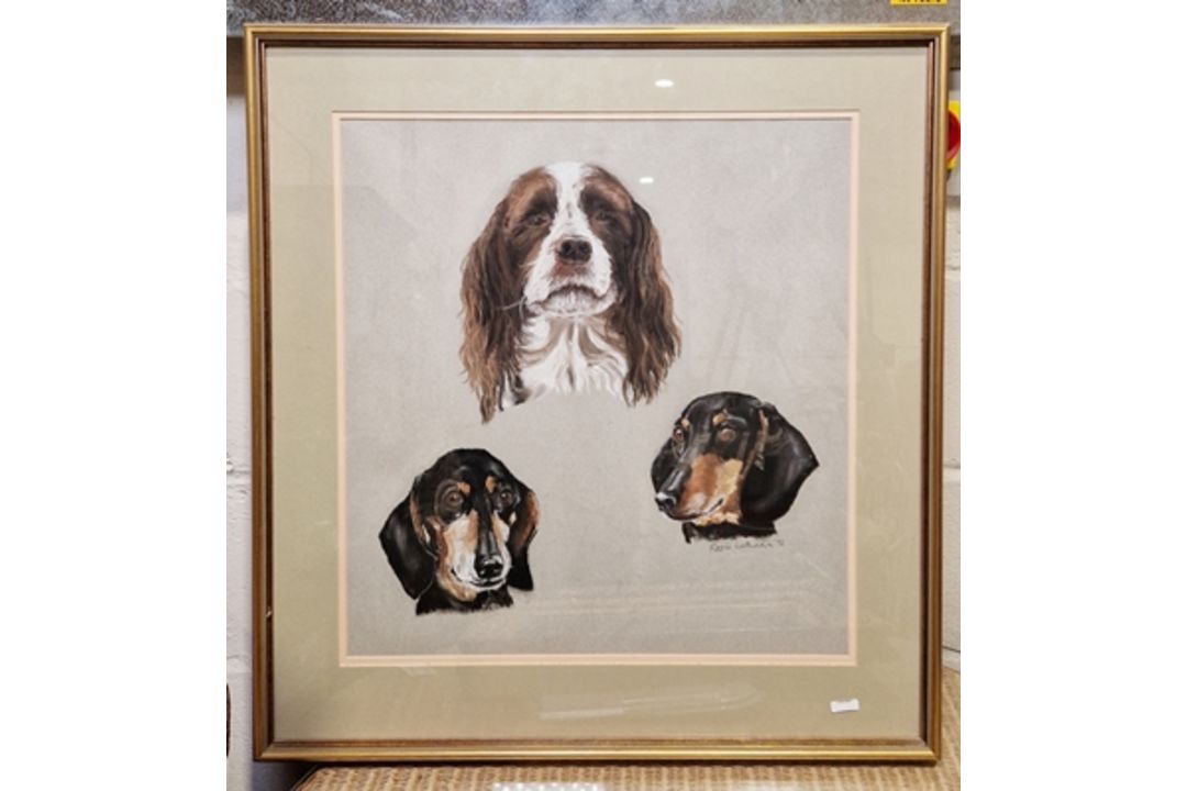 Ella Moulding Triple Dog portrait with Labrador  and two Dachshunds Pastel on paper, framed and - Image 2 of 6