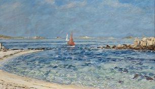 J A Challis Watercolour on paper, framed, glazed: 35 x 24 1/5 cm River barge in the Evening Signed