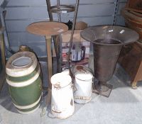 Two enamel jugs, a ceramic half-barrel flask labelled Mendosa Medium Sherry, an earthenware flagon