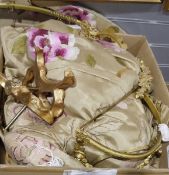 Silk bed canopy, green with pink peonies, with brass and carved wood fittings and circular pelmet