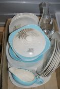 J & G Meakin part service, turquoise and brown ferns on a grey cross hatch ground, the lidded