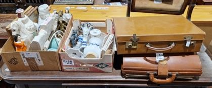 Staffordshire-style figures, a Staffordshire-style dog, a pair of vintage suitcases, some tiles, The