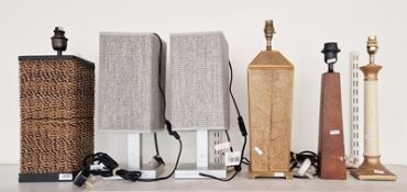 Pair of contemporary silver-painted table lamps and a contemporary Philippines basket-woven square