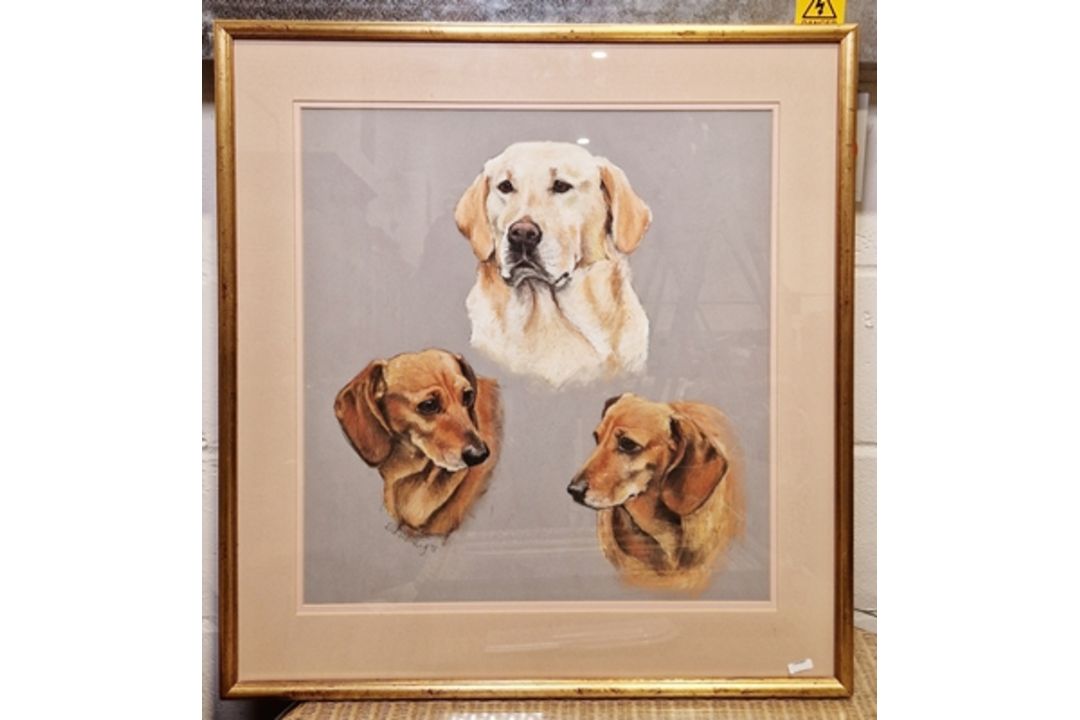 Ella Moulding Triple Dog portrait with Labrador  and two Dachshunds Pastel on paper, framed and - Image 3 of 6