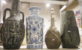 Large blue and white vase with foliate decoration, a ceramic two-handled jug bearing medieval-