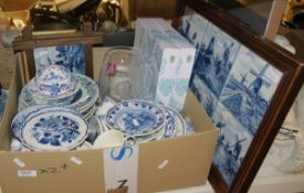 Quantity of delft blue wares to include four large plates and others with countryside scenes,