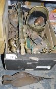 Assorted metalware to include wall lights, coal scuttle, table lamps, pair of bellows and two wooden