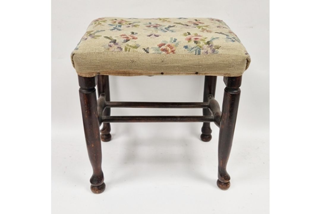 Georgian oak footstool with two stretchers, on turned legs with pad feet, 41cm high x 37cm wide x