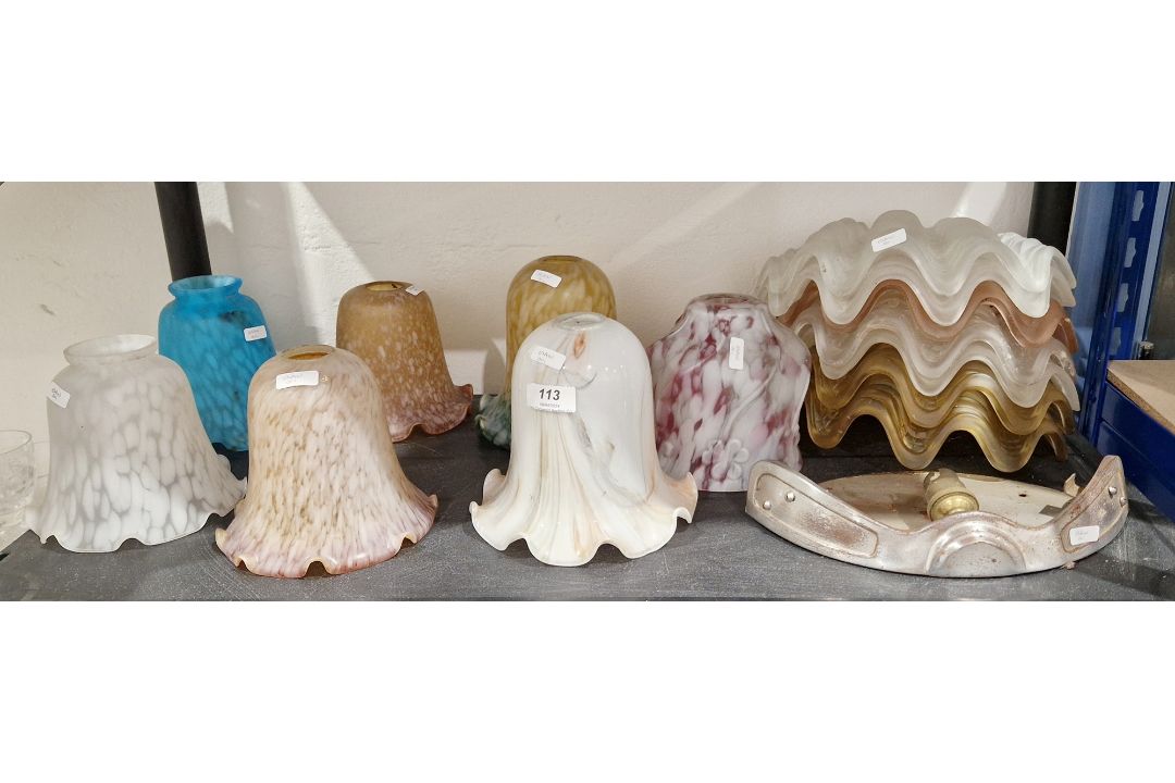 Collection of Art Nouveau and Art Deco opaque glass lampshades, including seven frosted scallop